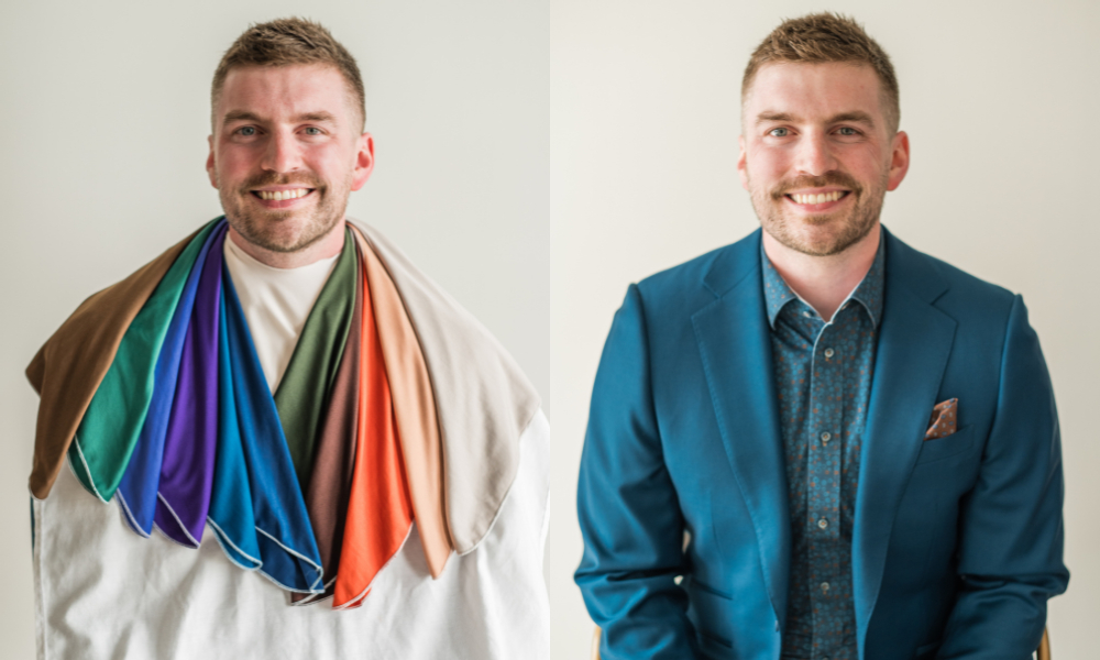 man in colour analysis drapes and man in navy suit